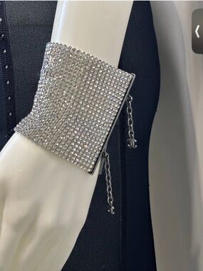 CHANEL Silver Crystal Pave Wide Cuff Bracelet with CC Dangling Charms